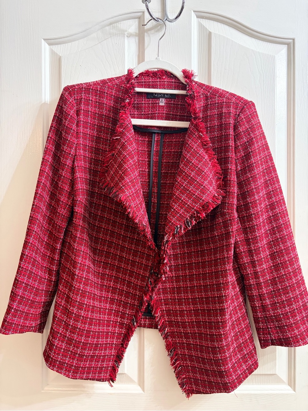 Kasper Red Tweed Fringe Open Front Blazer